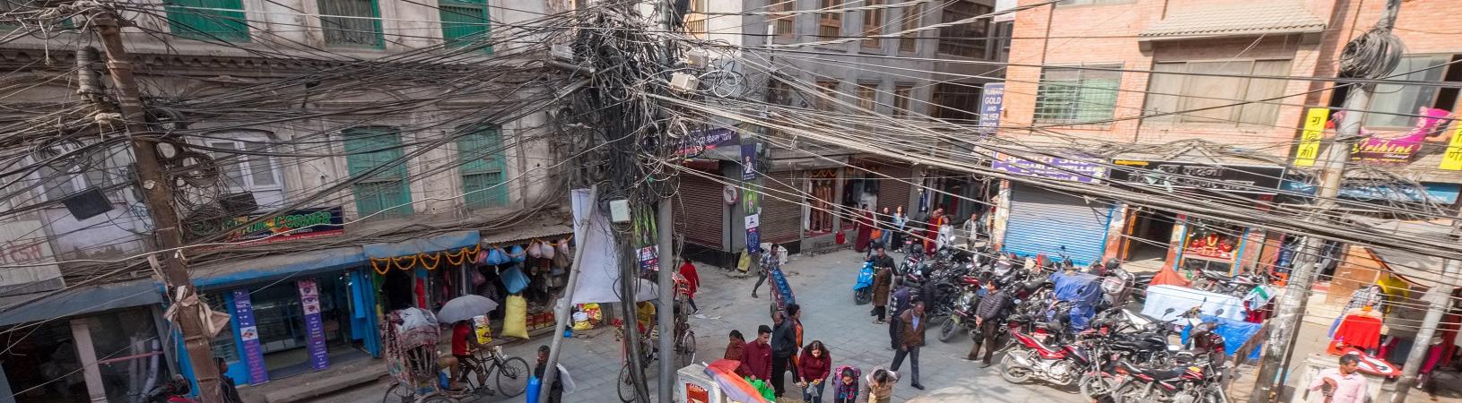 Kathmandu market square with tangled overhead cables